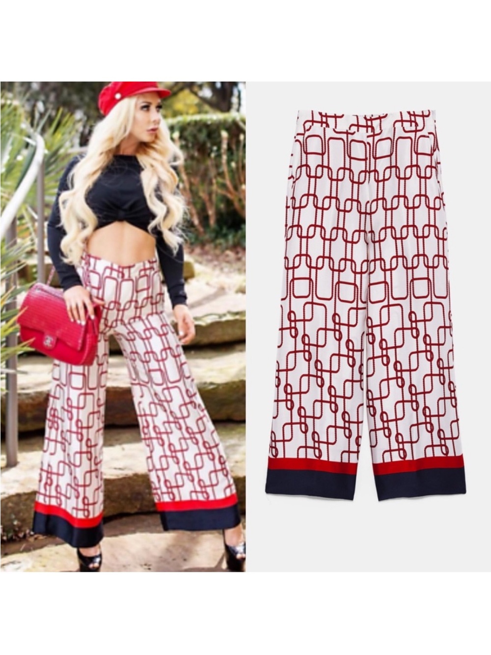 Zara White Wide-Leg Pants with Red Chain Print